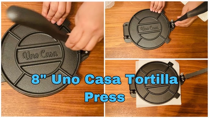 Uno Casa Cast Iron Tortilla Press - 8 inch, Pre-Seasoned Tortilla Maker with 100 Pcs Parchment Paper