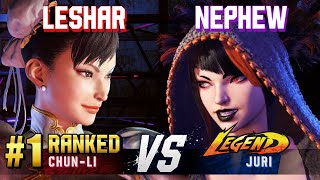 SF6 ▰ LESHAR (#1 Ranked Chun-Li) vs NEPHEW (Juri) ▰ High Level Gameplay