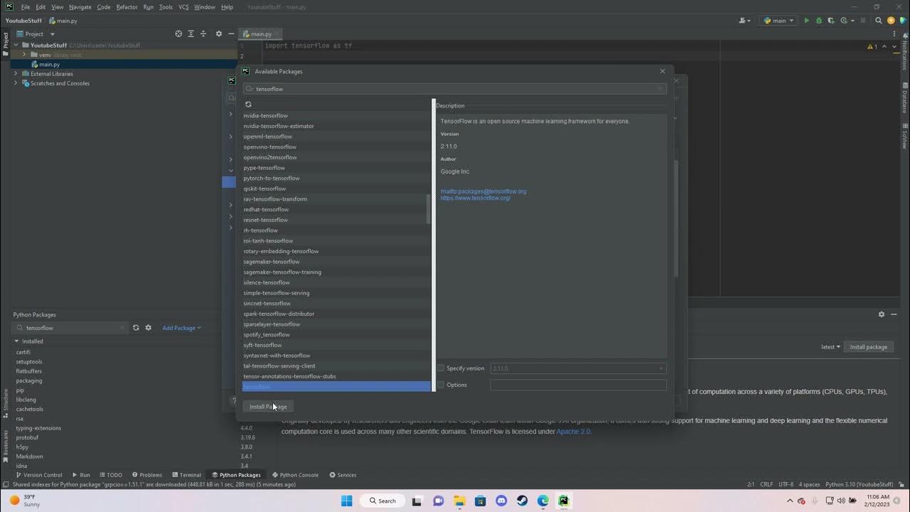 Pycharm packages. TENSORFLOW Python install.