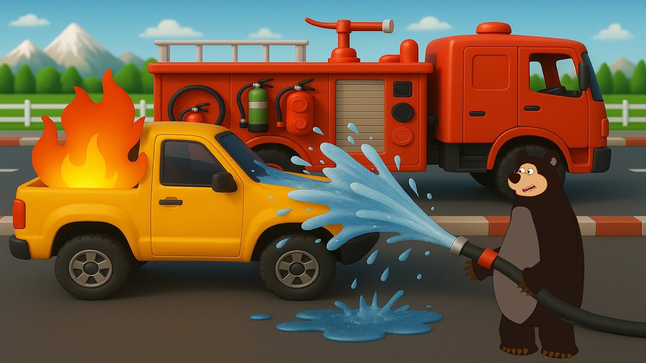 Bear Farmer Rescue a Pickup Truck on Fire With Fire Truck Sprays Water ...