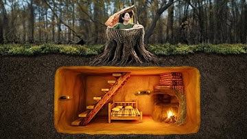 Building a Secret Dungeon in a Tree Stump for Survival in a Dense Forest. Bushcraft