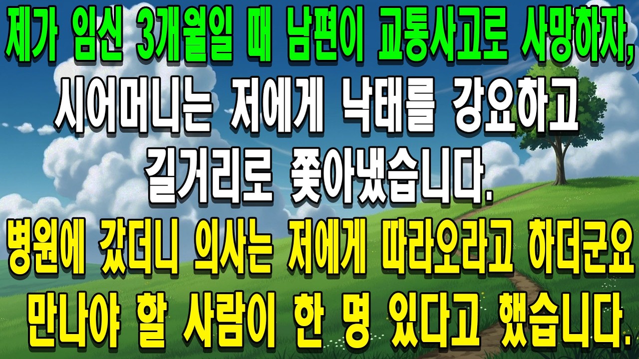 제가 임신 3개월일 때 남편이 교통사고로 사망하자, 시어머니는 저에게 낙태를 강요하고 길거리로 쫓아냈습니다. 병원에 갔더니 의사는 저에게 따라오라고 하더군요. 만나야 할