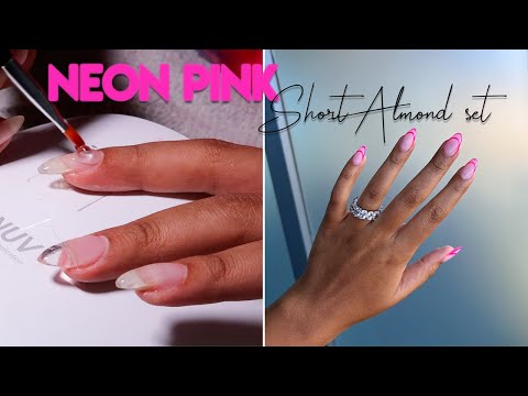 NEON PINK FRENCH ALMOND SET | BUILDER GEL + TIPS FOR BEGINNERS!
