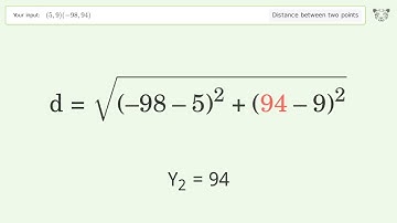 Find the distance between two points p1 (5,9) and p2 (-98,94): Step-by-Step Video Solution
