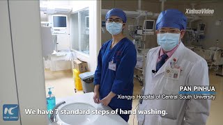 Chinese medical staff show 7 steps of hand washing
