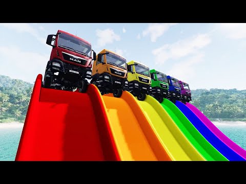 Trucks Transport and Cars vs Portal Trap with Long Color Slide   car crashes -  BeamNG.drive
