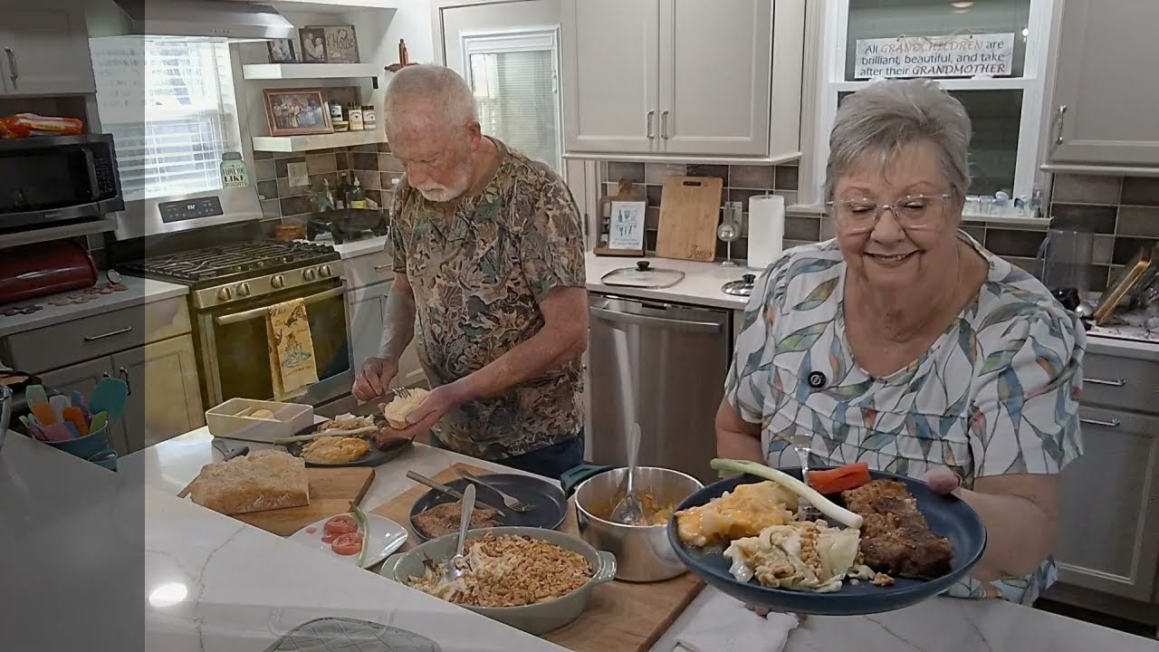 Cooking Dinner, Pork Chops, Cabbage Casserole, Cheesy Potatoes, Homemade 2 Ingredient Bread