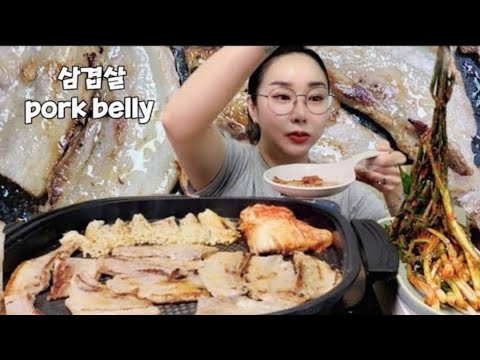 토요일은 🥩삼겹살이 좋아~🎵 오랜만에 삼겹살 먹방 assist:파김치 Eating show of pork belly and <strong>green</strong> <strong>onion</strong> kimchi