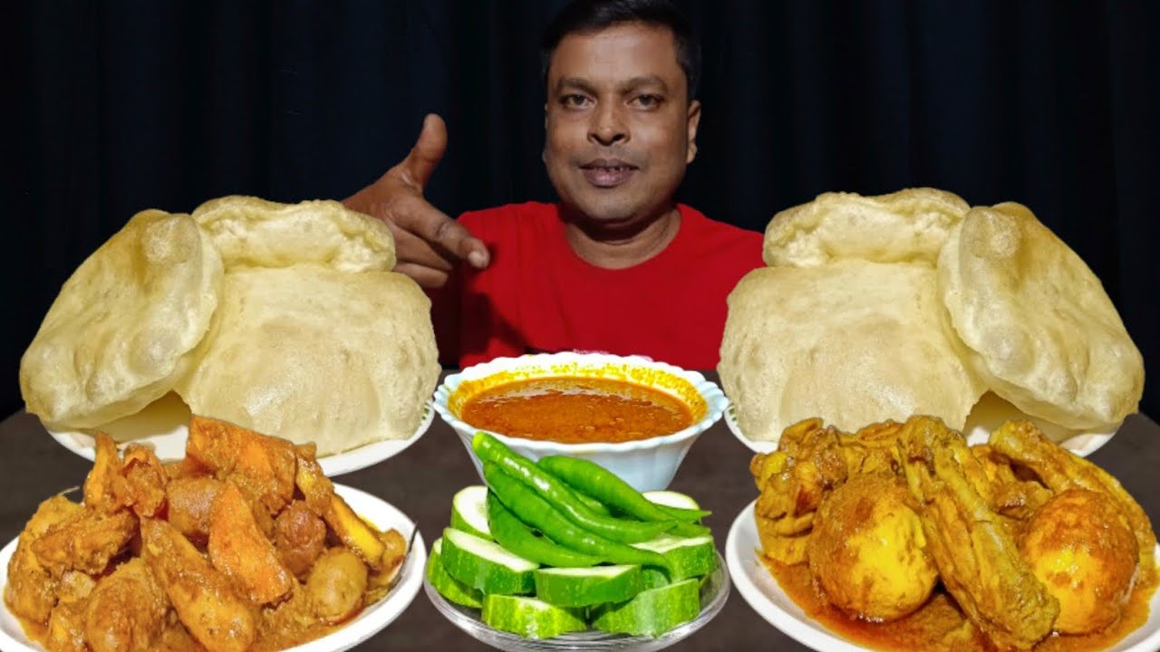 MUKBANG | EATING SPICY🔥CHICKEN WINGS WITH EGG CURRY, ALU PANEER, SOFT LUCHI/PURI, CHILLI, CUCUMBER