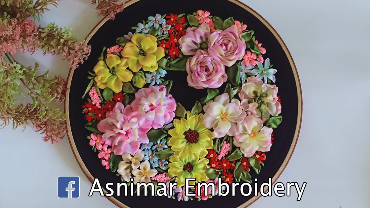 Ribbon Embroidery Design - Full Flowers on Hoop