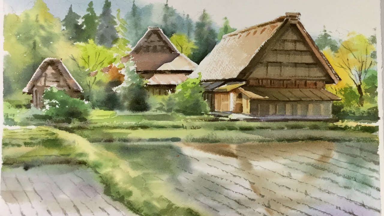  Watercolor  Landscape painting  Cottages at Shirakawa 