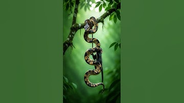 Monkey climbing a tree holding onto a snake