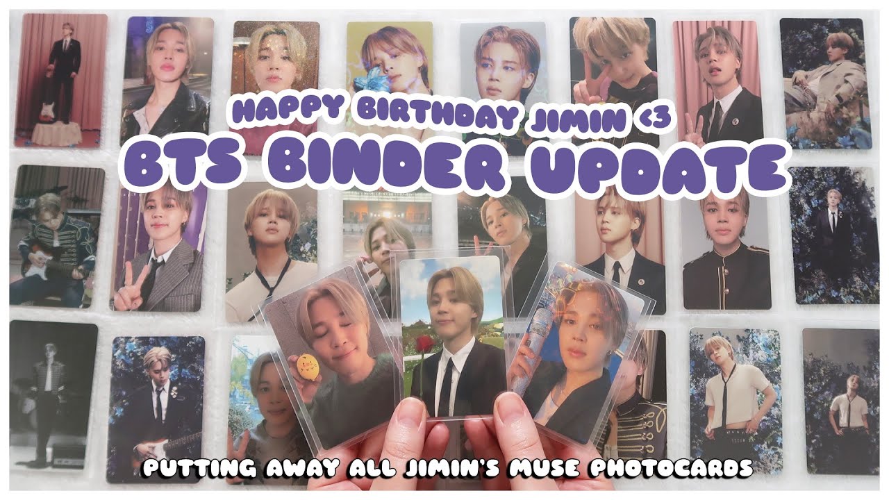 organizing + storing new muse photocards, pobs, + lds into my bts binder 🌙💜🍰 happy birthday jimin