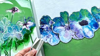 Divided fluidart silver flower straw acrylic pour painting step by step tutorial