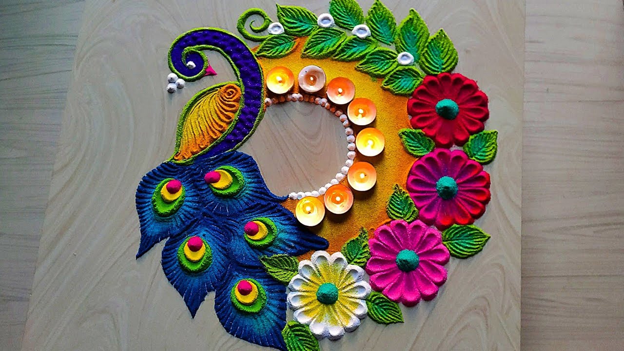 1369 Peacock rangoli designs for diwali || navratri rangoli ...