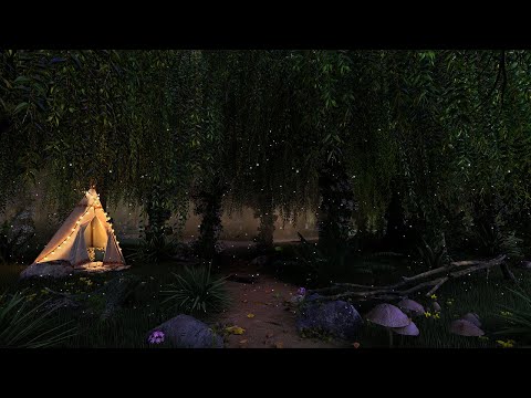 Enchanted Forest Night | 4K ?? Exotic Nature Sounds, Occasional Hypnotic Windchimes & Falling Leaves