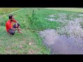 Fishing Video || The boy caught a lot of fish with a hook in the village river at night || Hook trap