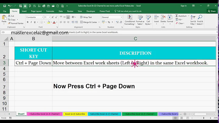 Ctrl + Page Down Shortcut Key with Example in MS Excel Spreadsheet 2016