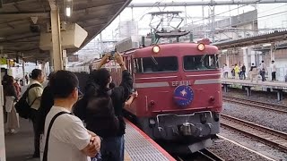 【カシオペア紀行 上野駅発青森駅行き】国鉄EF81形81号機(御召し塗装機・HM掲出)＋E26系12両が大宮駅9番線を比較的速く通過するシーン(9011列車)2023/10/14