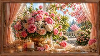 Luxury Spring Garden🌿Pink Rose Bouquet & Candlelight | Relaxing Music | 4K Cozy Vintage TV Wallpaper screenshot 4