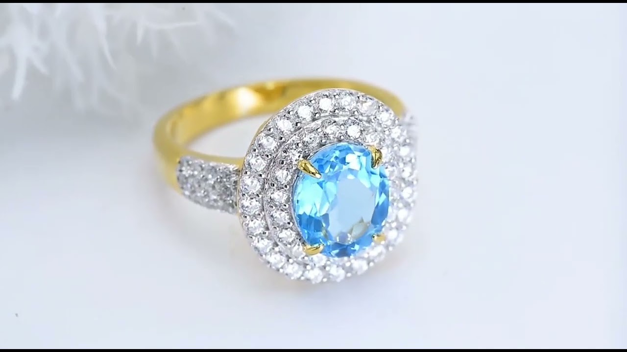 Swiss Blue Topaz & White Zircon Double Halo Ring in 18K Yellow Gold over Sterling Silver 4.30ctw