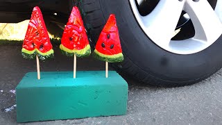 EXPERIMENT: LOLLIPOP WATERMELON crushed by CAR. LIFEHACK BEST ASMR SATISFYING VIDEO