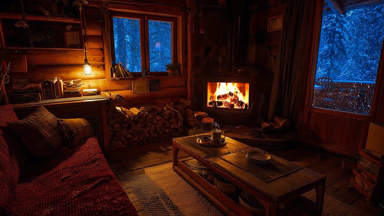 Cozy Winter Room with Relaxing Blizzard and Fireplace Crackling  - Best Sounds For Sleep, Relax