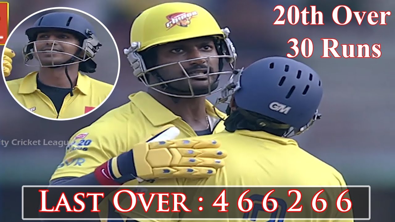 Last Over Miracle Chennai Rhinos Vishal  Vishnu Hit 30 Runs in 6 Balls against Bhojpuri Dabbangs