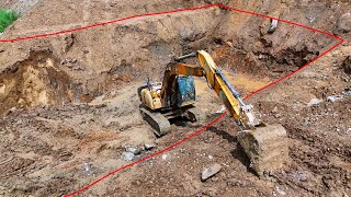 OMG! How young excavator operator get out of deep digging area to change for digging rock at bottom