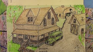 Memphis Drawing a Craftsman house, barn and Model A, Prompt Dream House 184