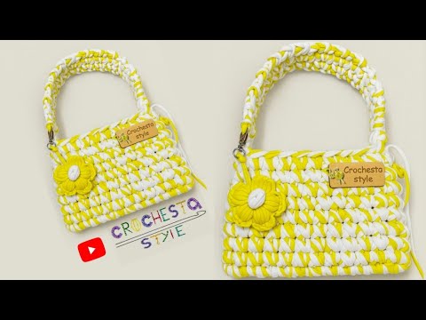 اسهل شنطه كروشيه بخيط الكليم للمبتدئين Mini T Shirt Yarn Bag Tutorial