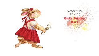 Cute Bunny Watercolor Painting. Watercolor rabbit Girl. Bunny in red dress.  Кролик акварелью