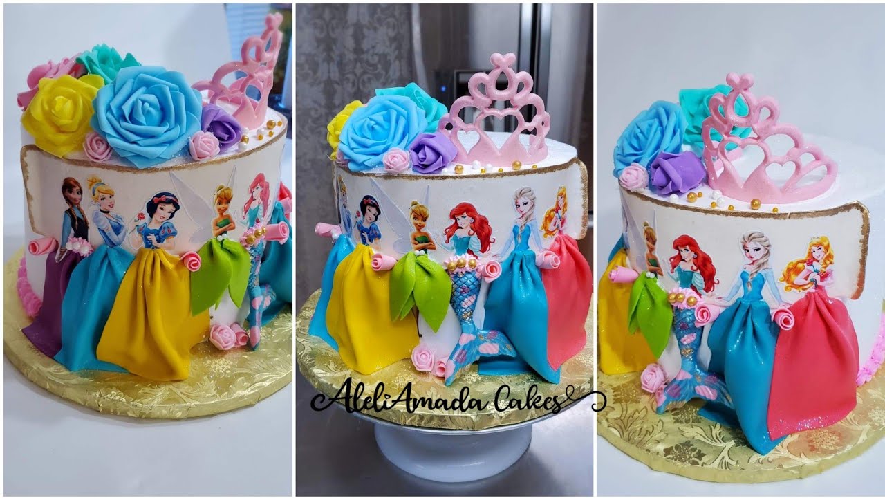 decoracion de pastel de princesas de disney en chantilly y fondant | pastel  4 en 1 aleliaamada - YouTube