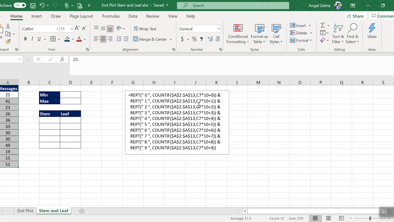 dot plot and stem and leaf plots in excel youtube stem and leaf plot excel