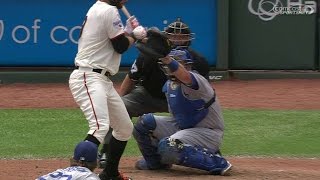 LAD@SF: Belt takes a pitch off wrist, stays in game