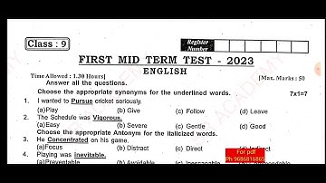9th std English first mid term test 2023 original question paper VILLUPURAM dt
