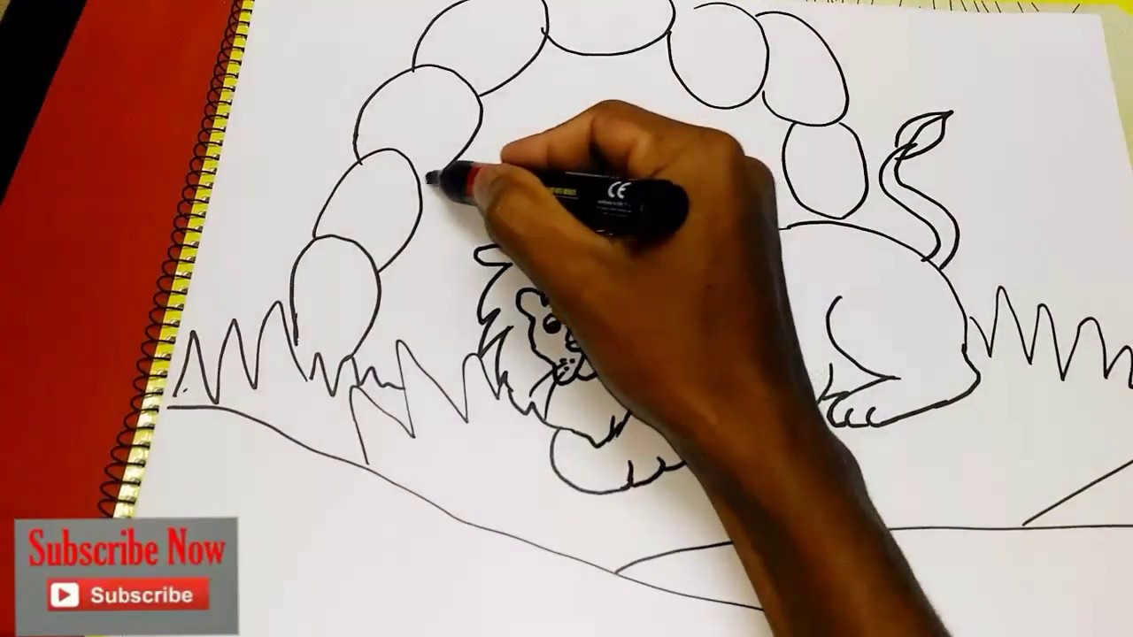 How to draw a cartoon lion with scenery easy steps - YouTube