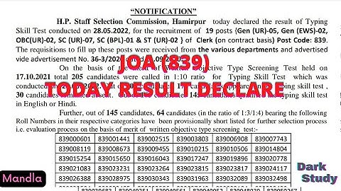 ||HPSSC JOA (839) Today Typing Result Declare|| Job Notification ||Dark Study||