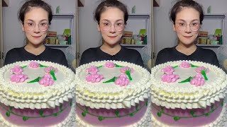 ASMR🍰Eating pink flower cream cake🍰 (soft and waxy sound)  크림 케ց 먹방 MUKBANG Satisfaction