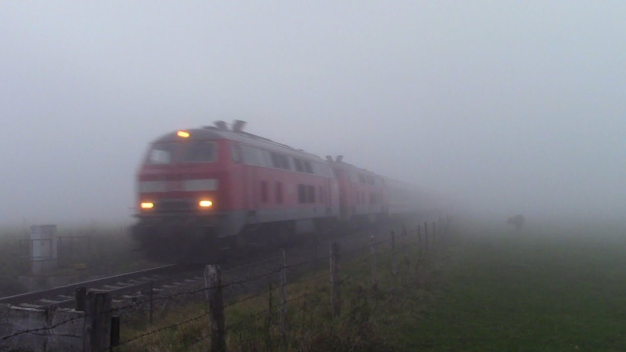 Br 218 476 und 343 mit RE 2013 im dichten Nebel