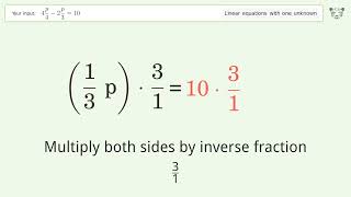 Linear equation with one unknown: Solve 4p/4-2p/3=10 step-by-step solution