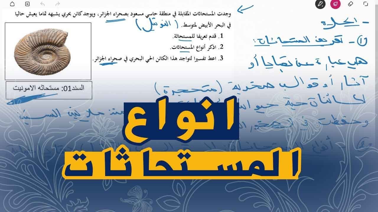 علوم طبيعية السنة الثانية متوسط تمرين على المستحاثات و انواعها