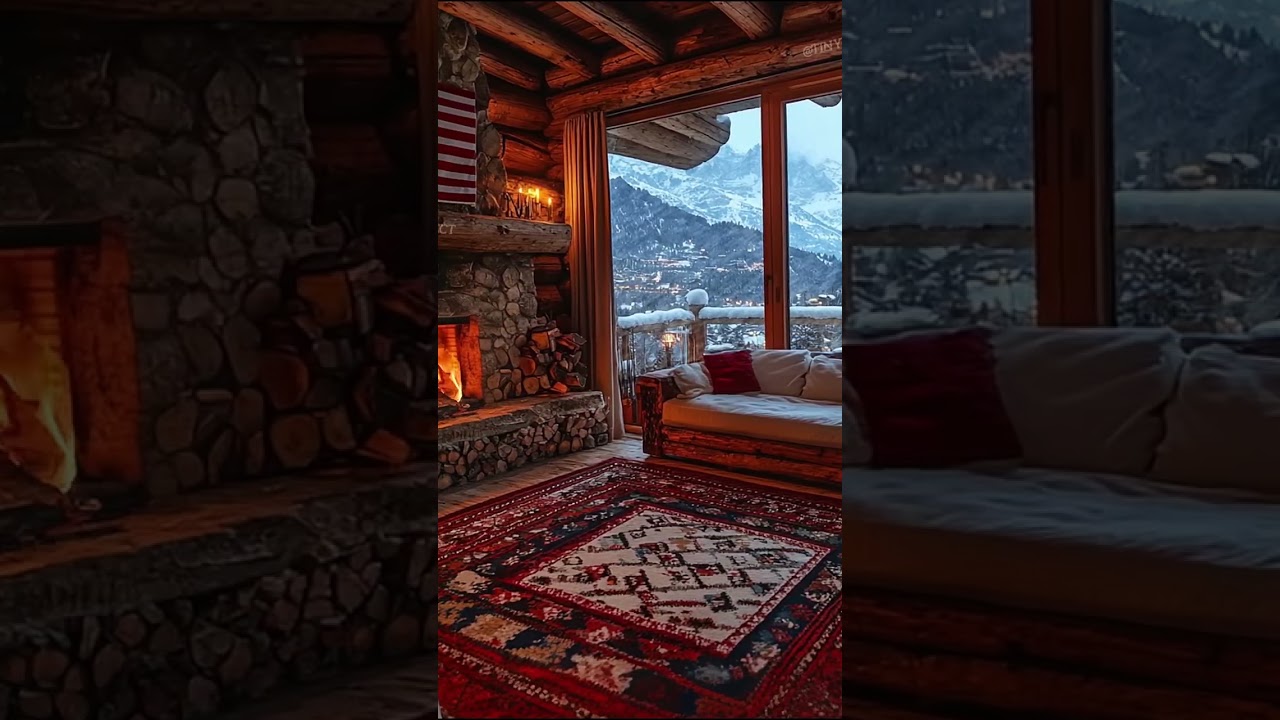 Dreamy winter cabin: Snuggle up by the fire in a snowy mountain escape!