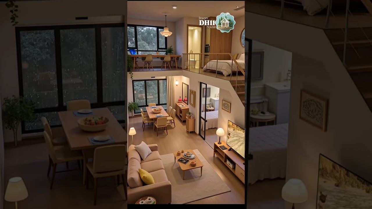 Multi-level loft-style home interior, designed for compact living.