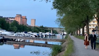Stockholm Walks: Kungsholmen along the canal. Bright summer night in Kungsholms strand area