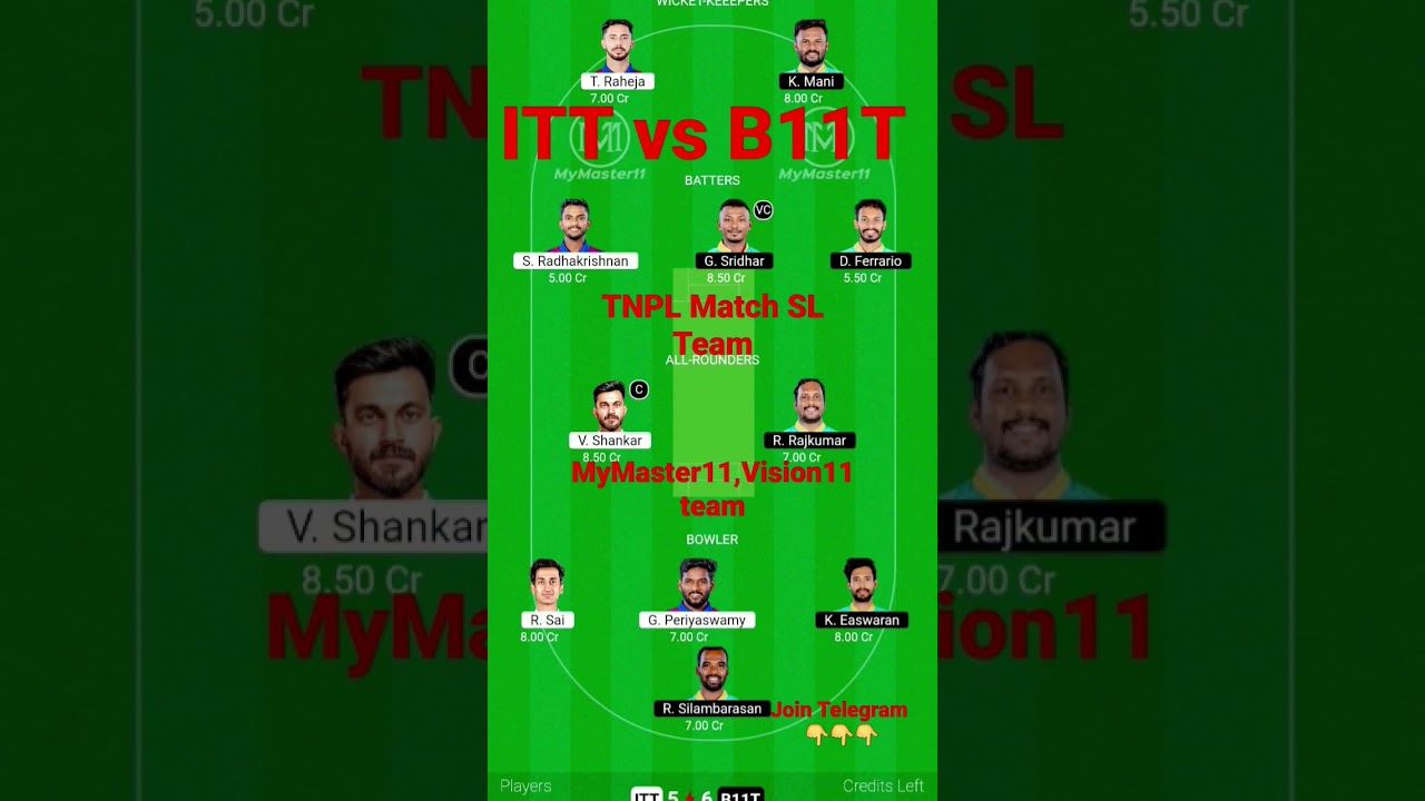 ITTvsB11T TNPL match SL team for Vision11,prediction, pitch report,stats,toss update,live 
