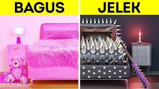 TANTANGAN MAKEOVER KAMAR BAGUS VS JELEK || Kerajinan Hitam Pink \u0026 DIY Keren untuk Rumah oleh 123 GO!