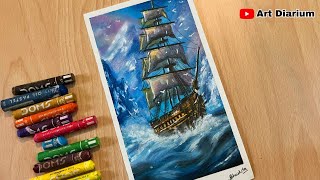 Oil Pastel Art | Drawing a Ship in a Stormy Night Sea - STEP by STEP