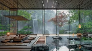 Forest Room with Waterfall View for Sleeping, Meditate  Morning Rain and Fireplace In 12 Hours