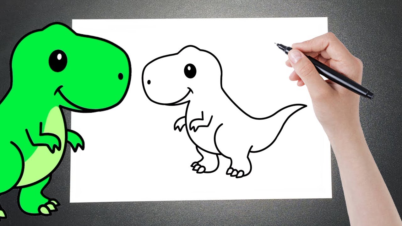como desenhar um dinossauro fofo passo a passo. atividade fácil e divertida  para o desenvolvimento e a criatividade das crianças. tutorial de desenho  de animais e objetos da série do alfabeto em